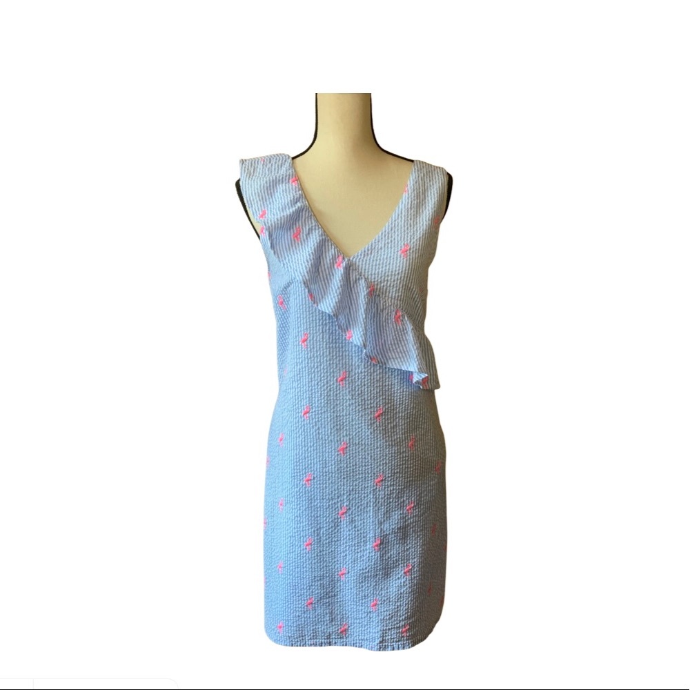 Crown and Ivy blue/white striped, seersucker dress with pink flamingos Sz. XL